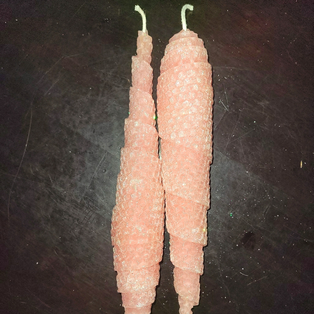 Pair of Light Pink Glittered Beeswax Taper Candles